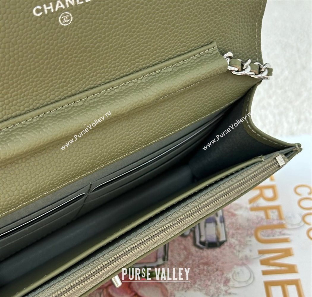 Chanel Grained Calfskin Classic Wallet on Chain WOC Khaki Green/Silver 2025 AP4241 (YMU-250703080)