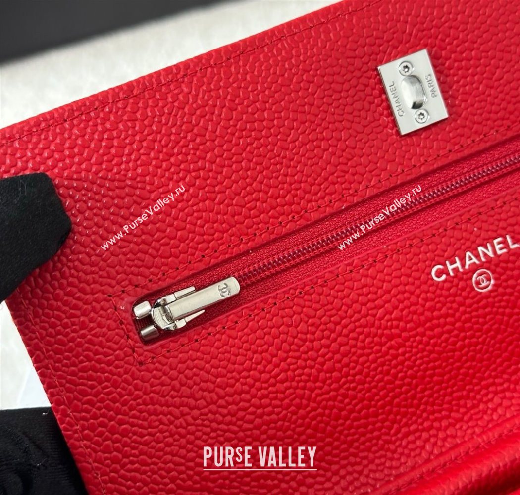 Chanel Grained Calfskin Classic Wallet on Chain WOC Red/Silver 2025 AP4241 (YMU-250703064)