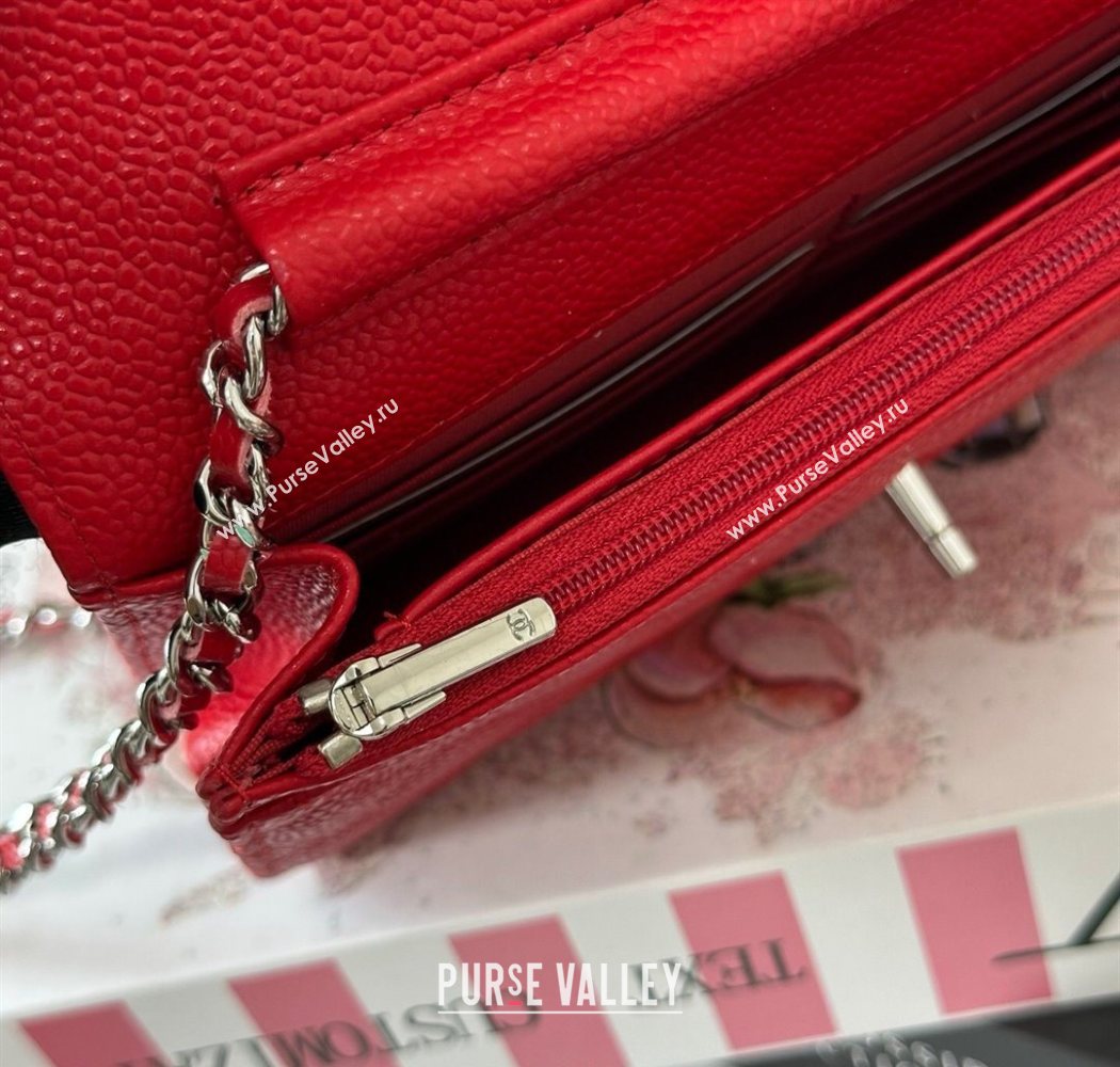 Chanel Grained Calfskin Classic Wallet on Chain WOC Red/Silver 2025 AP4241 (YMU-250703064)