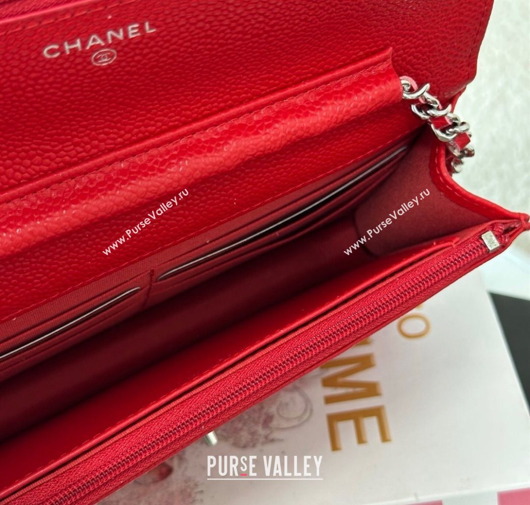 Chanel Grained Calfskin Classic Wallet on Chain WOC Red/Silver 2025 AP4241 (YMU-250703064)