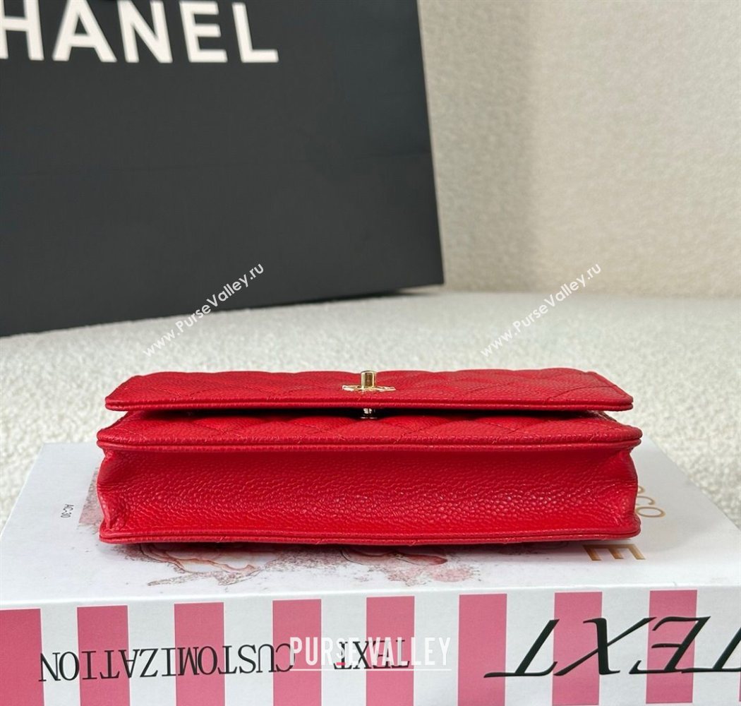 Chanel Grained Calfskin Classic Wallet on Chain WOC Red/Gold 2025 AP4241 (YMU-250703063)