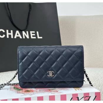 Chanel Grained Calfskin Classic Wallet on Chain WOC Navy Blue/Silver 2025 AP4241 (YMU-250703069)