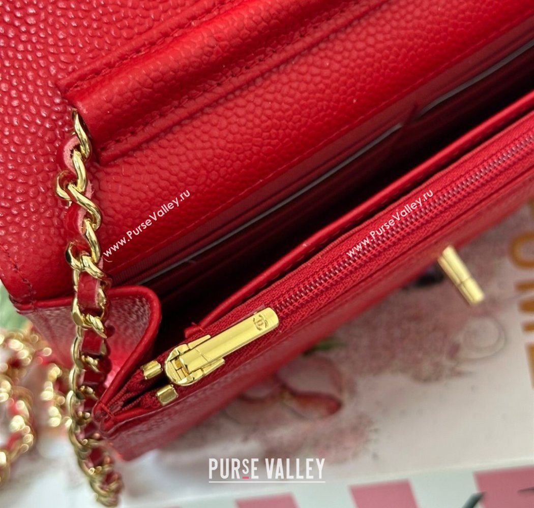 Chanel Grained Calfskin Classic Wallet on Chain WOC Red/Gold 2025 AP4241 (YMU-250703063)