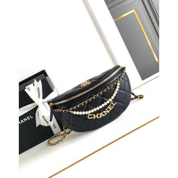 Chanel Shiny Lambskin Waist Bag with Pearls Black 2024 AS4991 (yezi-240717122)