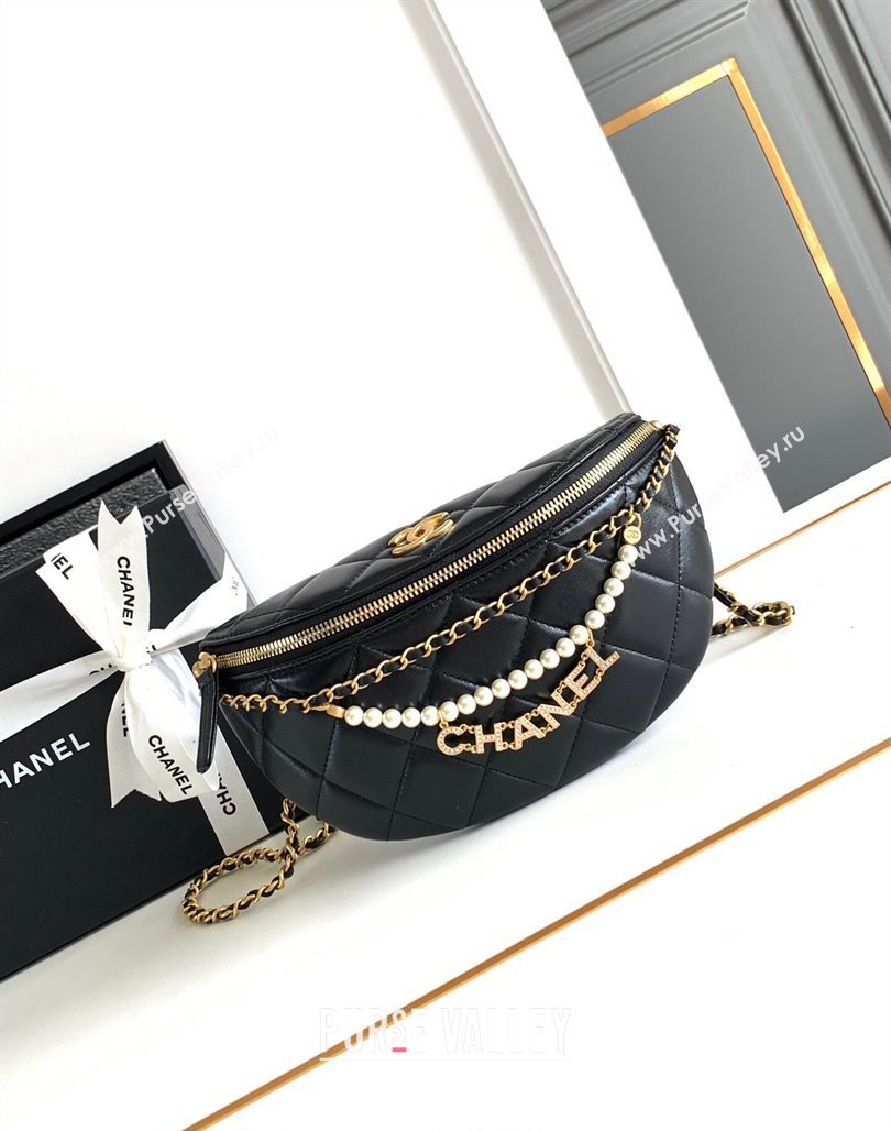 Chanel Shiny Lambskin Waist Bag with Pearls Black 2024 AS4991 (yezi-240717122)