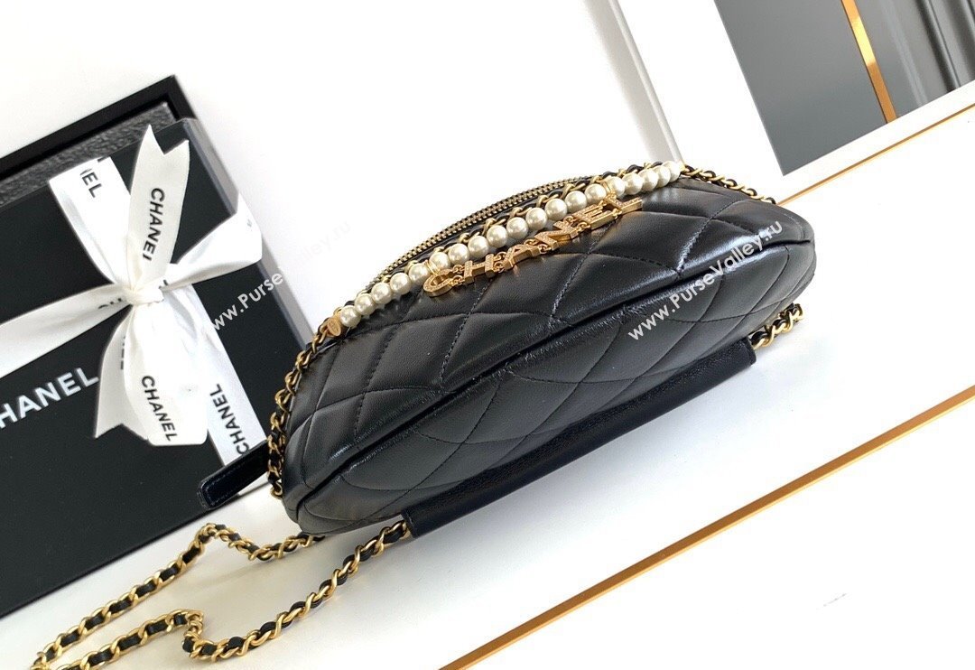 Chanel Shiny Lambskin Waist Bag with Pearls Black 2024 AS4991 (yezi-240717122)