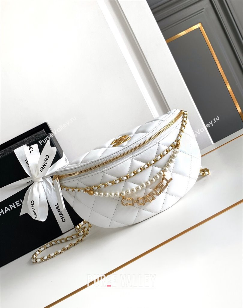 Chanel Shiny Lambskin Waist Bag with Pearls White 2024 AS4991 (yezi-240717123)