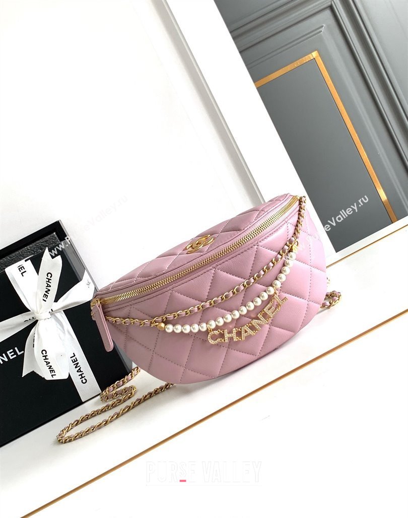 Chanel Shiny Lambskin Waist Bag with Pearls Pink 2024 AS4991 (yezi-240717124)