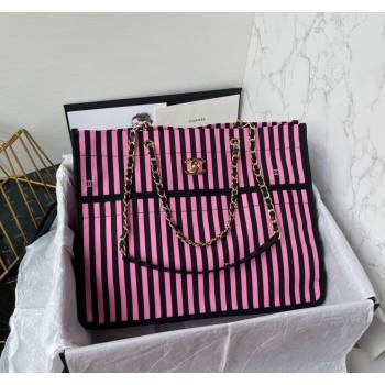 Chanel Coco Beach Stripes Print Canvas Shopping Bag Pink/Black 2024 AS4693 (yezi-240717116)
