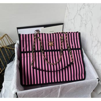 Chanel Coco Beach Stripes Print Canvas Shopping Bag Pink/Black 2024 AS4693 (yezi-240717116)