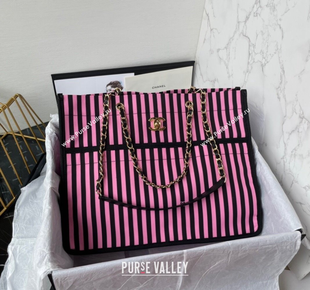 Chanel Coco Beach Stripes Print Canvas Shopping Bag Pink/Black 2024 AS4693 (yezi-240717116)