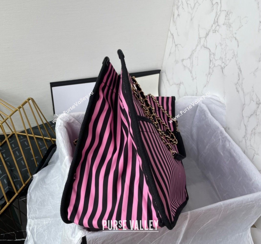 Chanel Coco Beach Stripes Print Canvas Shopping Bag Pink/Black 2024 AS4693 (yezi-240717116)