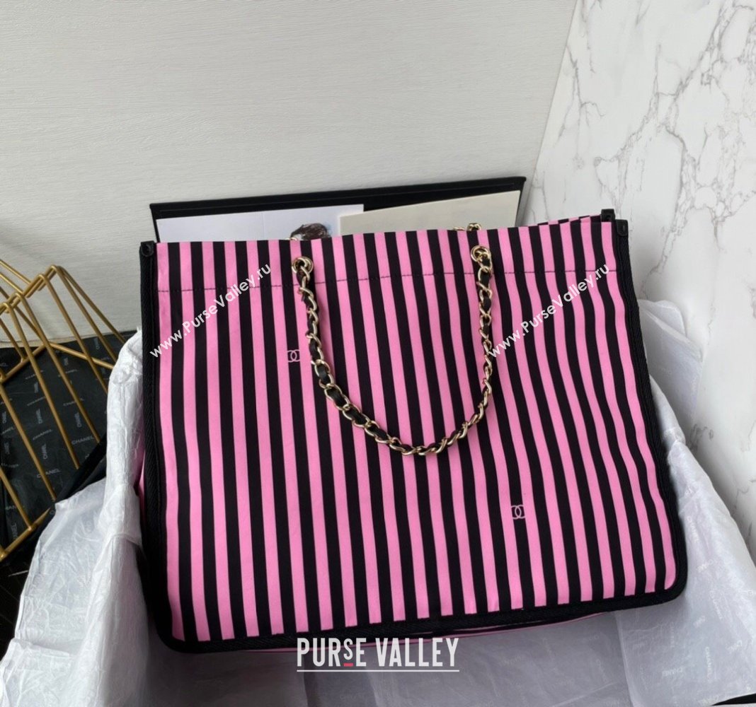 Chanel Coco Beach Stripes Print Canvas Shopping Bag Pink/Black 2024 AS4693 (yezi-240717116)