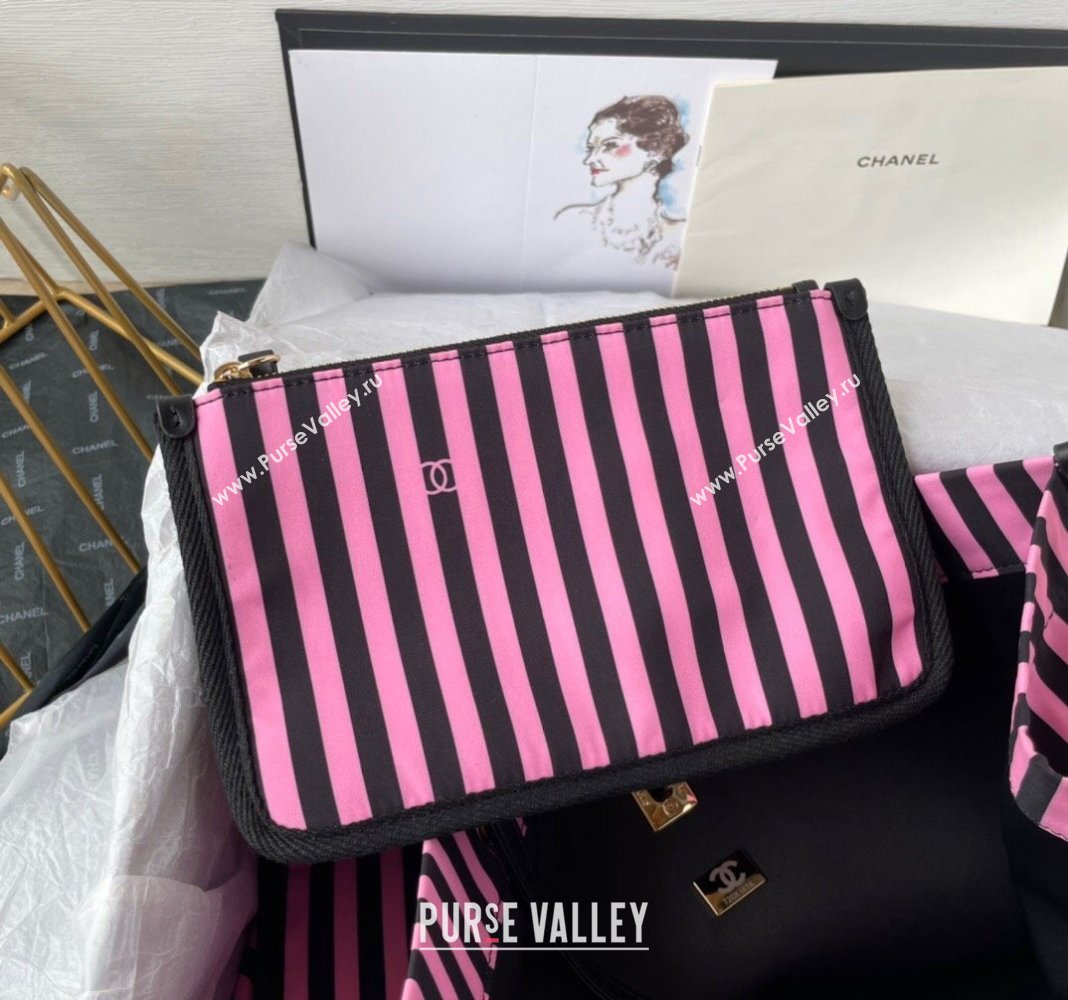 Chanel Coco Beach Stripes Print Canvas Shopping Bag Pink/Black 2024 AS4693 (yezi-240717116)