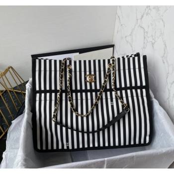 Chanel Coco Beach Stripes Print Canvas Shopping Bag White/Black 2024 AS4693 (yezi-240717117)