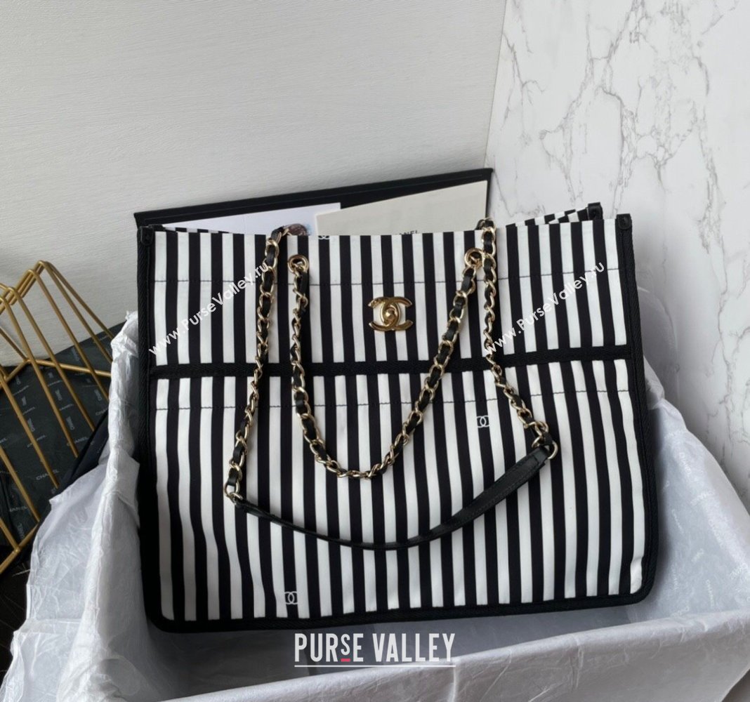 Chanel Coco Beach Stripes Print Canvas Shopping Bag White/Black 2024 AS4693 (yezi-240717117)