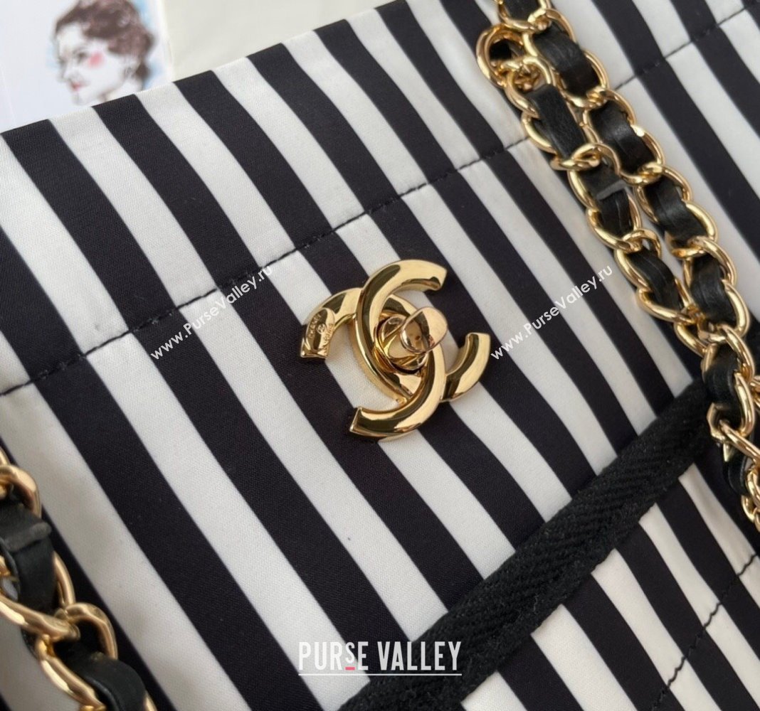 Chanel Coco Beach Stripes Print Canvas Shopping Bag White/Black 2024 AS4693 (yezi-240717117)