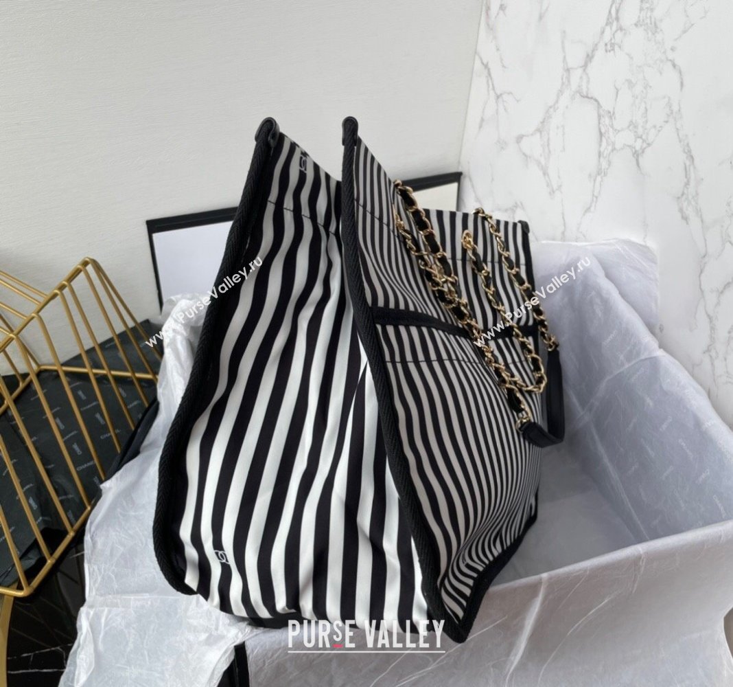 Chanel Coco Beach Stripes Print Canvas Shopping Bag White/Black 2024 AS4693 (yezi-240717117)