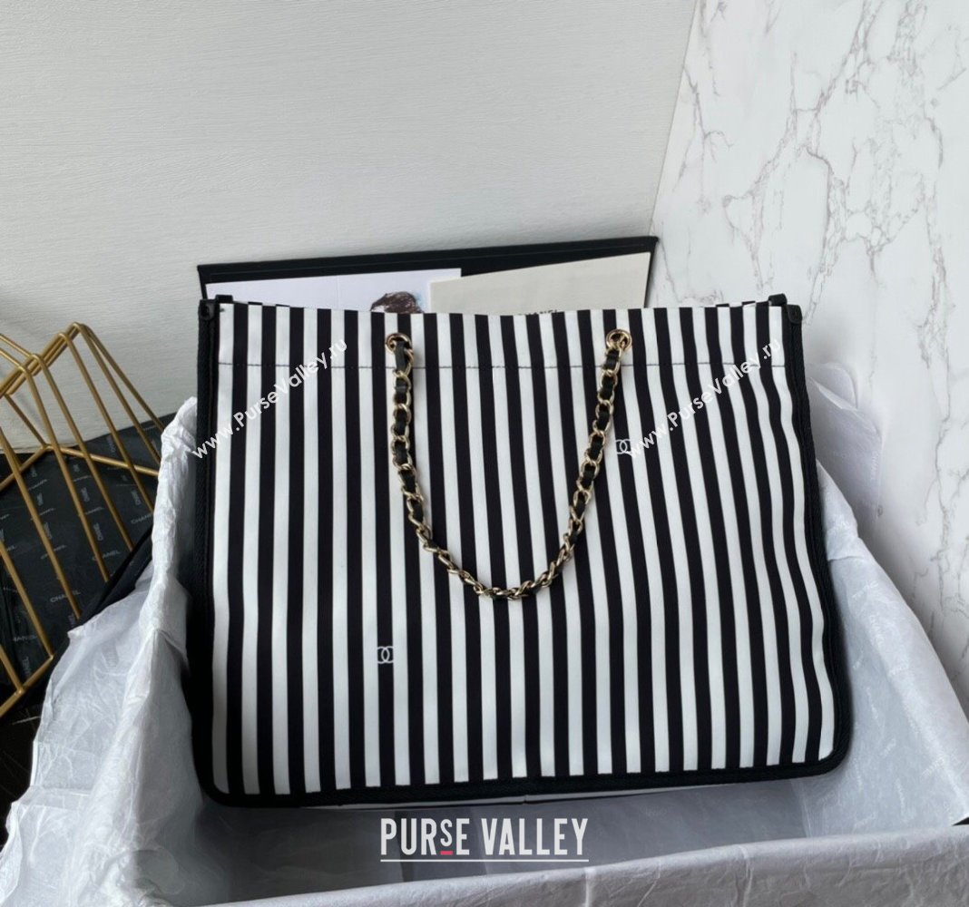 Chanel Coco Beach Stripes Print Canvas Shopping Bag White/Black 2024 AS4693 (yezi-240717117)