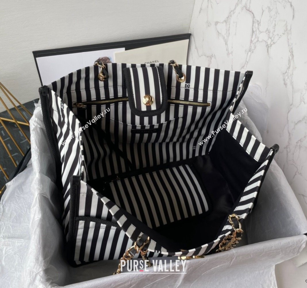 Chanel Coco Beach Stripes Print Canvas Shopping Bag White/Black 2024 AS4693 (yezi-240717117)