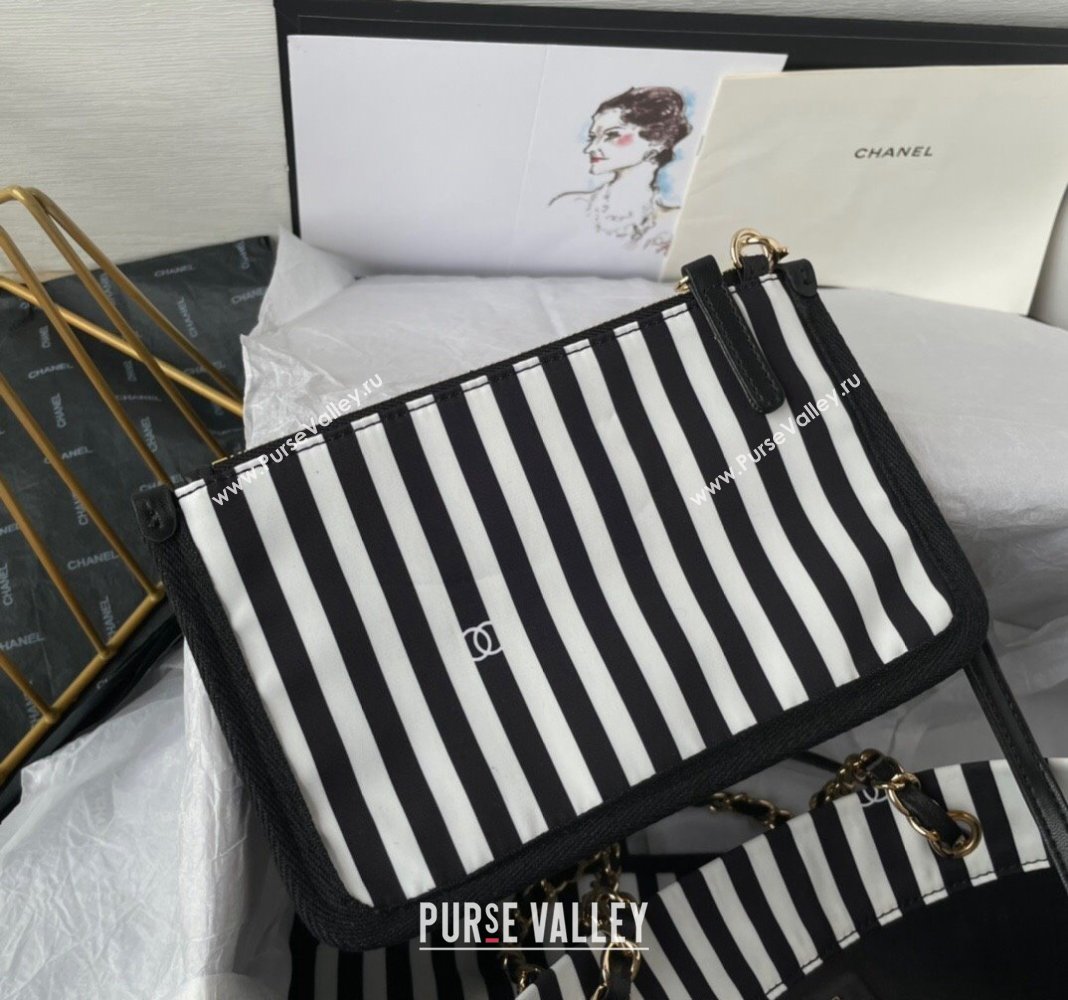 Chanel Coco Beach Stripes Print Canvas Shopping Bag White/Black 2024 AS4693 (yezi-240717117)