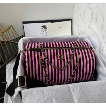 Chanel Coco Beach Stripes Printed Fabric Large Bowling Bag Pink/Black 2024 AS4696 (yezi-240717120)