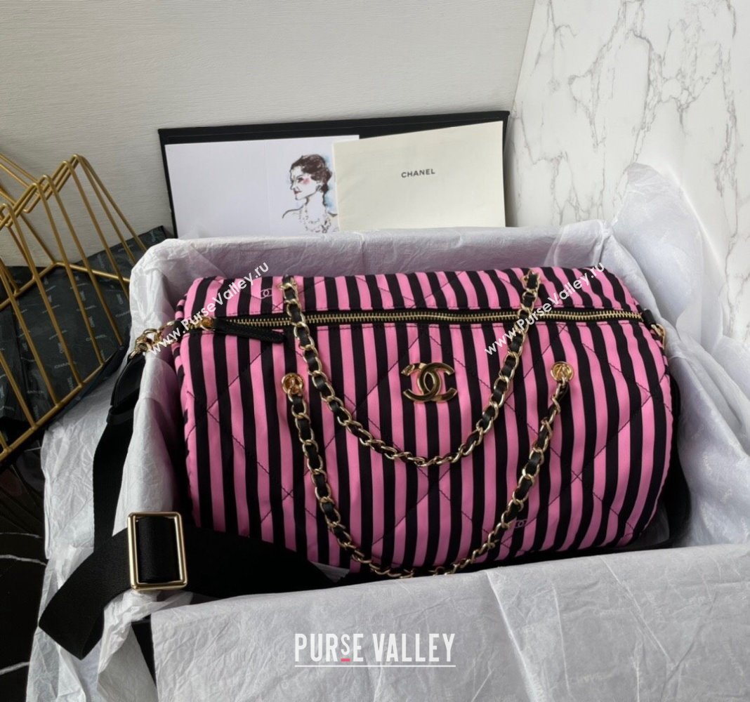 Chanel Coco Beach Stripes Printed Fabric Large Bowling Bag Pink/Black 2024 AS4696 (yezi-240717120)