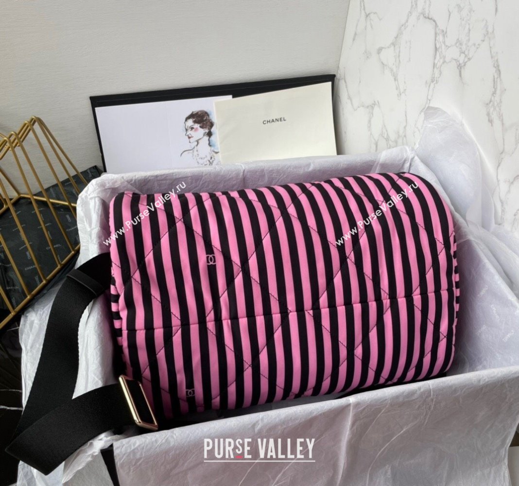 Chanel Coco Beach Stripes Printed Fabric Large Bowling Bag Pink/Black 2024 AS4696 (yezi-240717120)