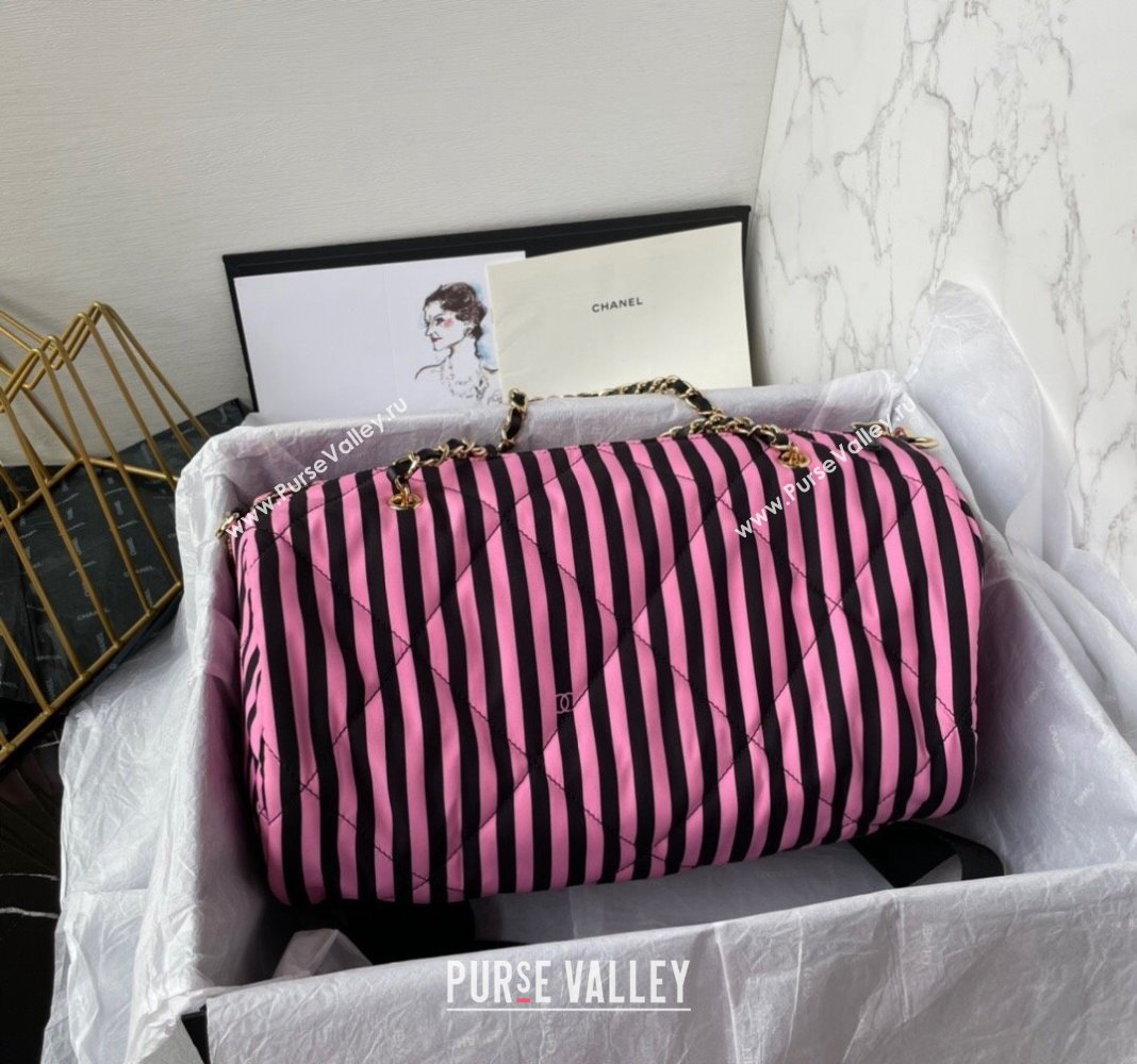 Chanel Coco Beach Stripes Printed Fabric Large Bowling Bag Pink/Black 2024 AS4696 (yezi-240717120)