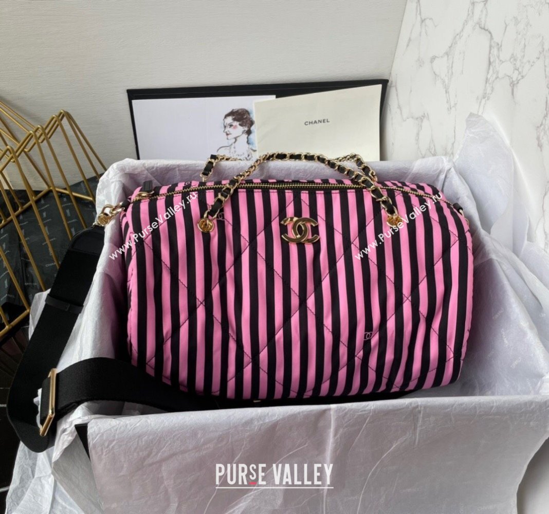 Chanel Coco Beach Stripes Printed Fabric Large Bowling Bag Pink/Black 2024 AS4696 (yezi-240717120)