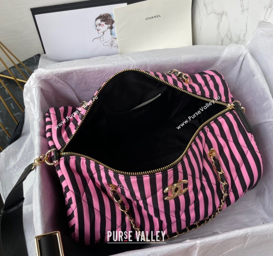 Chanel Coco Beach Stripes Printed Fabric Large Bowling Bag Pink/Black 2024 AS4696 (yezi-240717120)