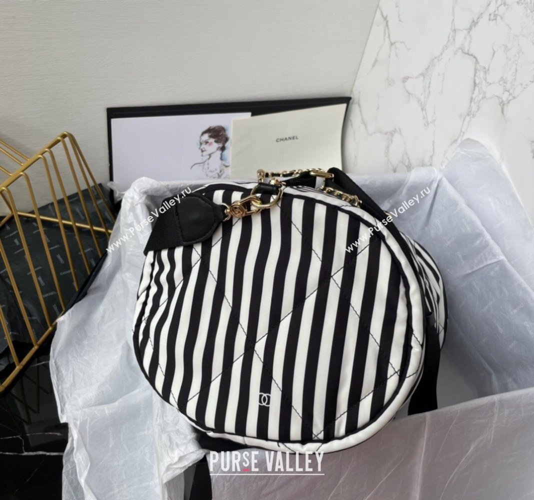 Chanel Coco Beach Stripes Printed Fabric Large Bowling Bag White/Black 2024 AS4696 (yezi-240717121)