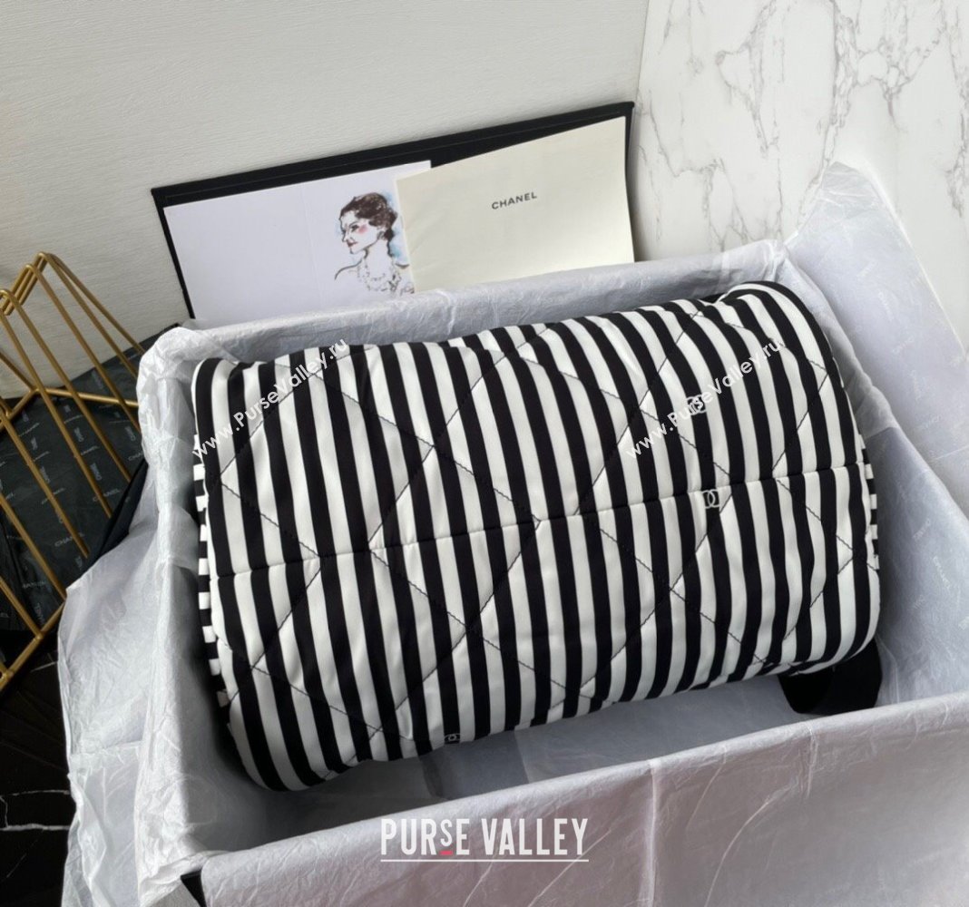 Chanel Coco Beach Stripes Printed Fabric Large Bowling Bag White/Black 2024 AS4696 (yezi-240717121)