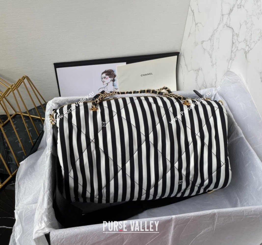 Chanel Coco Beach Stripes Printed Fabric Large Bowling Bag White/Black 2024 AS4696 (yezi-240717121)