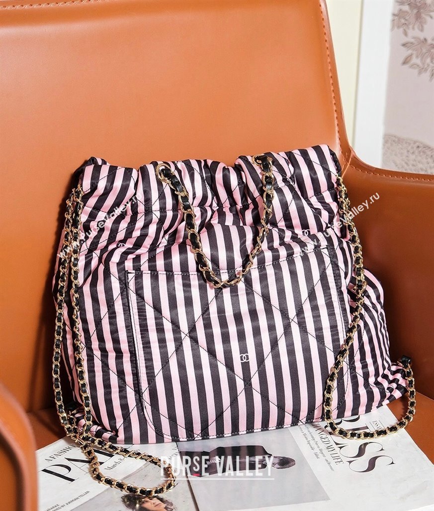 Chanel Coco Beach Stripes Printed Fabric Large Backpack Bag Pink/Black 2024 AS4692 (yezi-240717114)