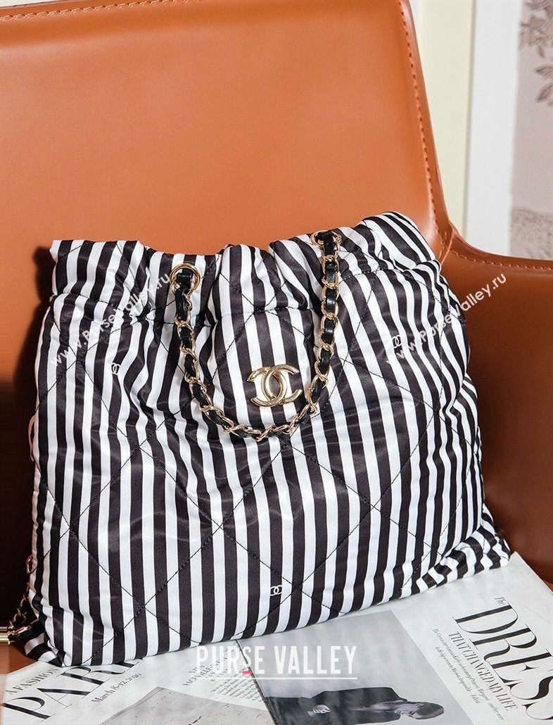 Chanel Coco Beach Stripes Printed Fabric Large Backpack Bag White/Black 2024 AS4692 (yezi-240717115)