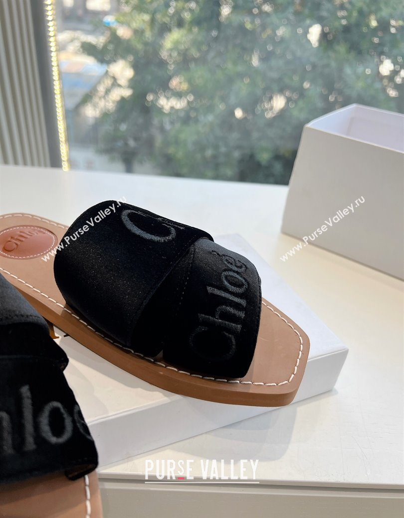 Chloe Woody Flat Square-toe Slides Sandal in Velvet Black 2025 G076 (KL-250220025)