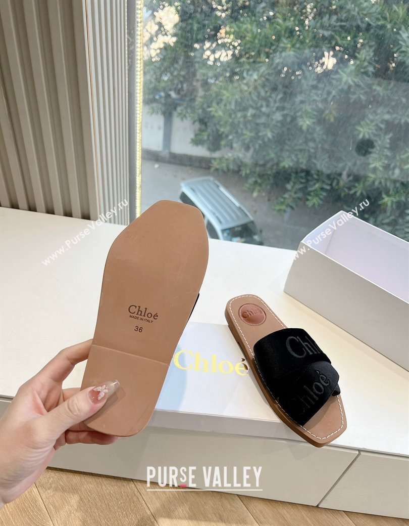 Chloe Woody Flat Square-toe Slides Sandal in Velvet Black 2025 G076 (KL-250220025)
