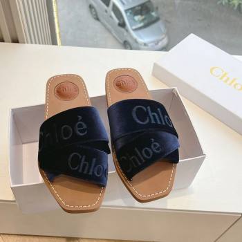 Chloe Woody Flat Square-toe Slides Sandal in Velvet Dark Blue 2025 G076 (KL-250220027)