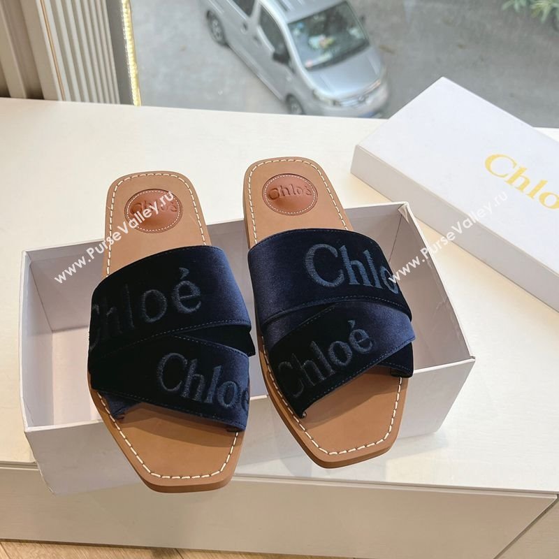 Chloe Woody Flat Square-toe Slides Sandal in Velvet Dark Blue 2025 G076 (KL-250220027)