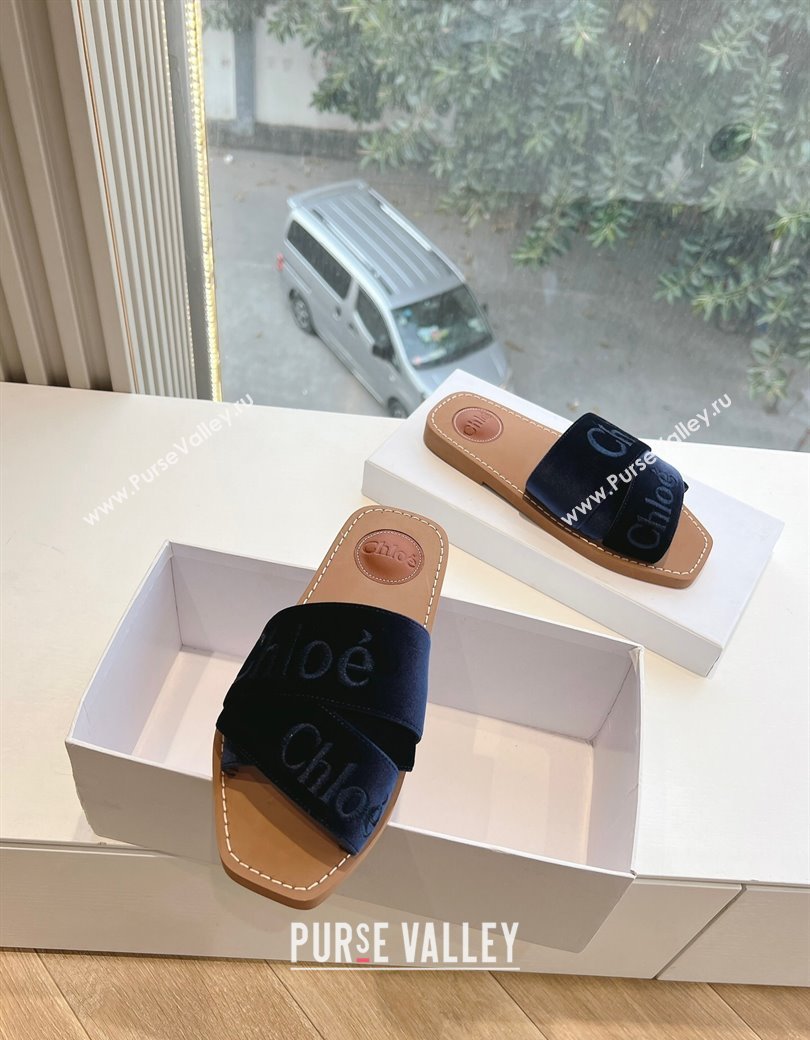 Chloe Woody Flat Square-toe Slides Sandal in Velvet Dark Blue 2025 G076 (KL-250220027)