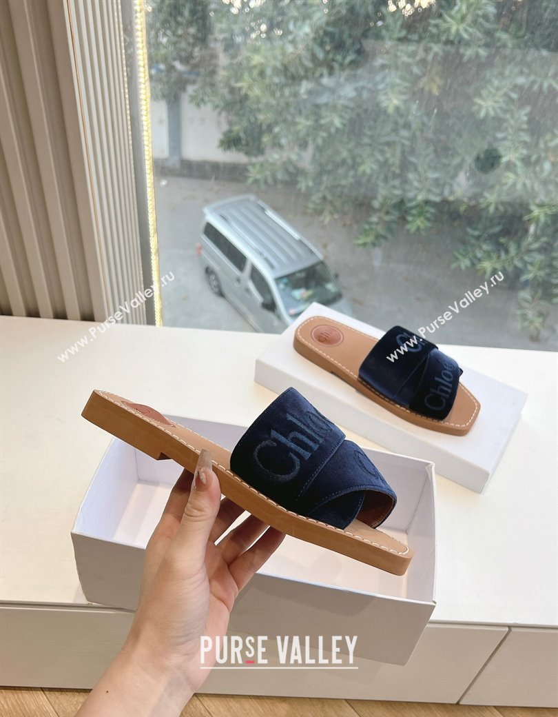 Chloe Woody Flat Square-toe Slides Sandal in Velvet Dark Blue 2025 G076 (KL-250220027)