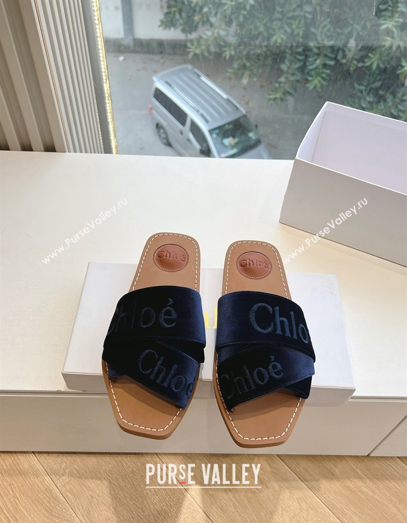 Chloe Woody Flat Square-toe Slides Sandal in Velvet Dark Blue 2025 G076 (KL-250220027)