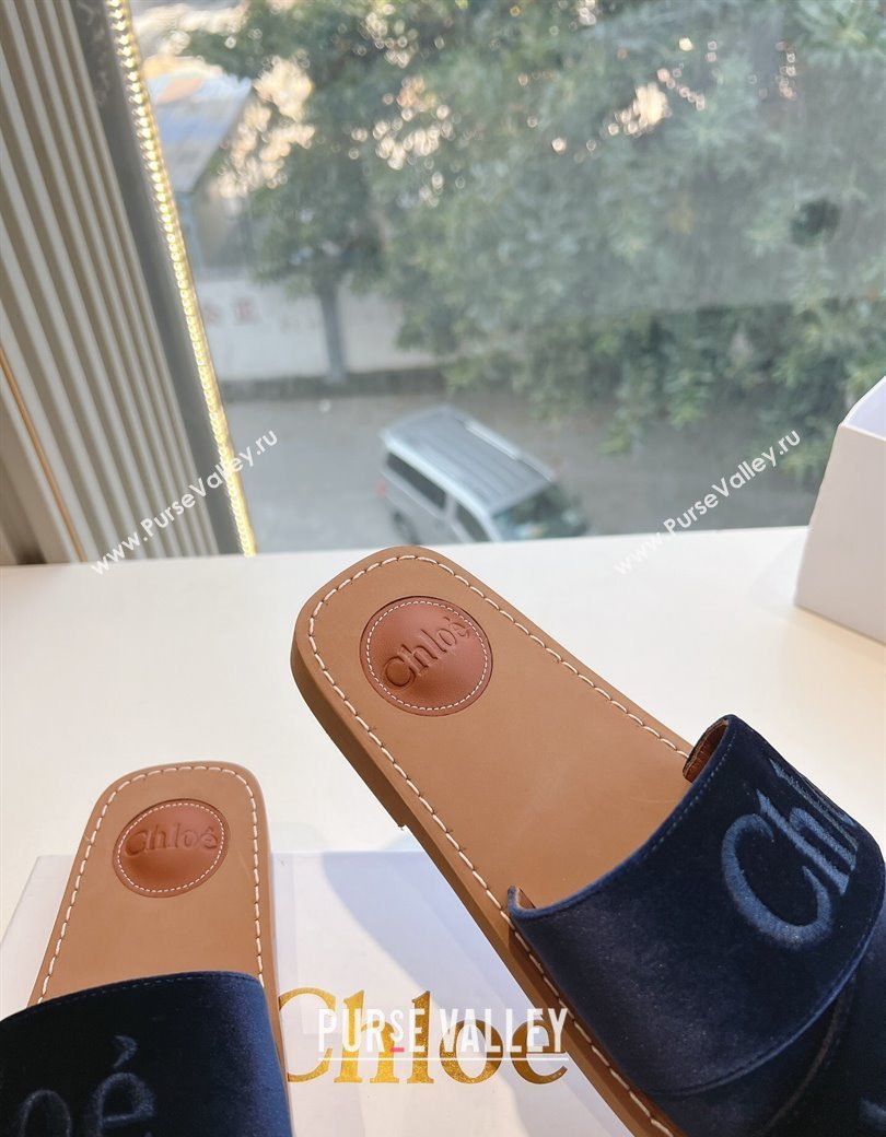 Chloe Woody Flat Square-toe Slides Sandal in Velvet Dark Blue 2025 G076 (KL-250220027)
