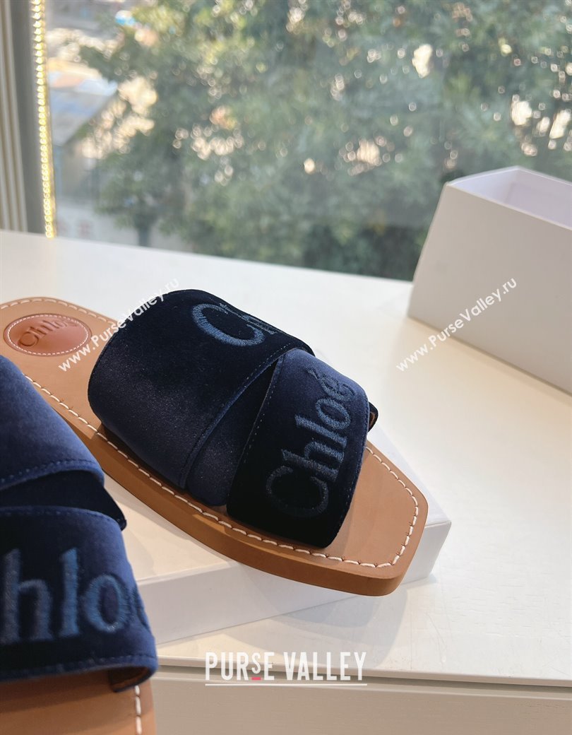 Chloe Woody Flat Square-toe Slides Sandal in Velvet Dark Blue 2025 G076 (KL-250220027)