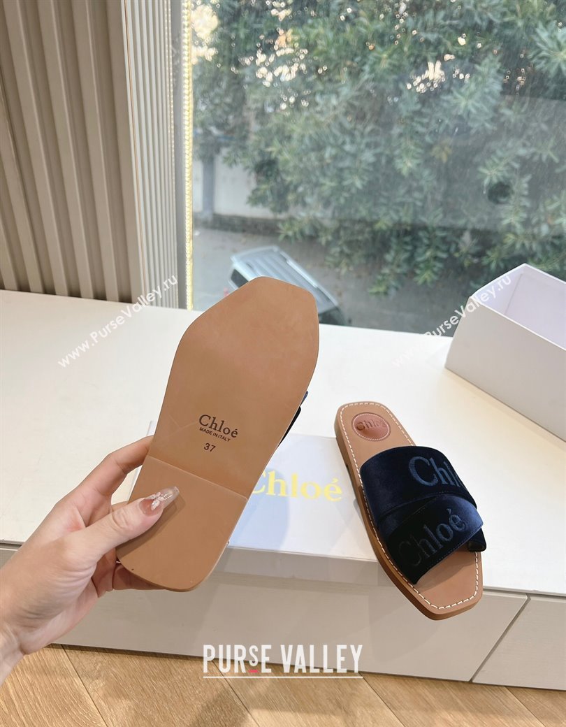 Chloe Woody Flat Square-toe Slides Sandal in Velvet Dark Blue 2025 G076 (KL-250220027)