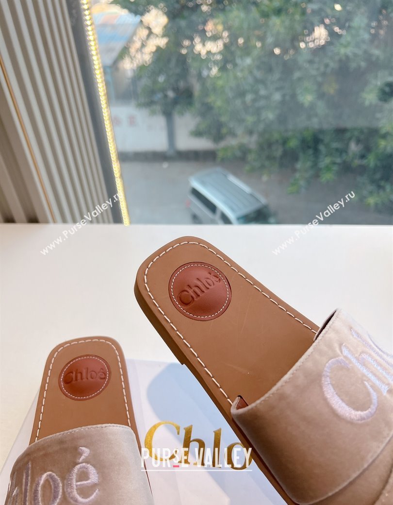 Chloe Woody Flat Square-toe Slides Sandal in Velvet Beige 2025 G076 (KL-250220028)