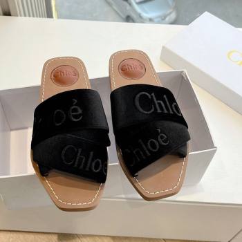 Chloe Woody Flat Square-toe Slides Sandal in Velvet Black 2025 G076 (KL-250220025)