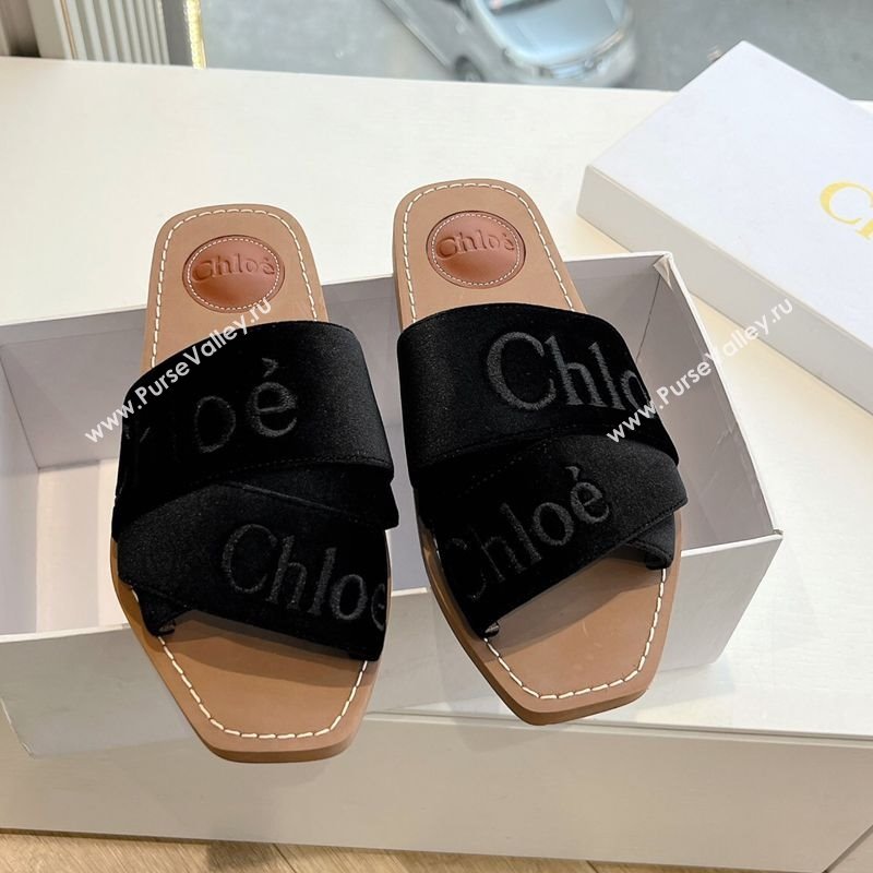 Chloe Woody Flat Square-toe Slides Sandal in Velvet Black 2025 G076 (KL-250220025)