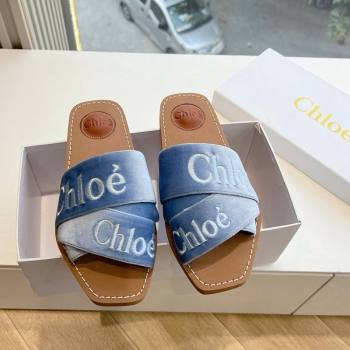 Chloe Woody Flat Square-toe Slides Sandal in Velvet Light Blue 2025 G076 (KL-250220031)